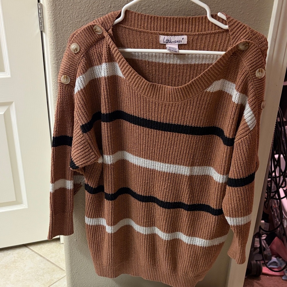 Lands' End Women's Tan and Black Striped Sweater